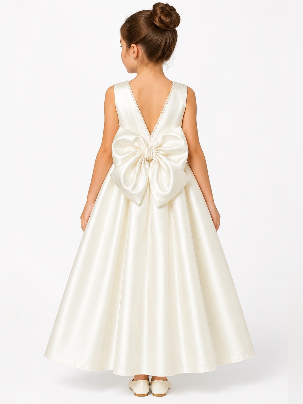 Ivory/Off White Satin Flower Girl Dress Pearl Trim Bow Back V Neck Size 8